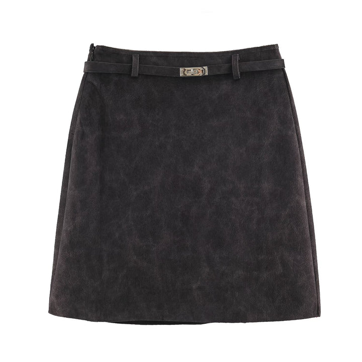 Women A-line mini skirt made of faux suede with narrow decorative belt Mune Fashion