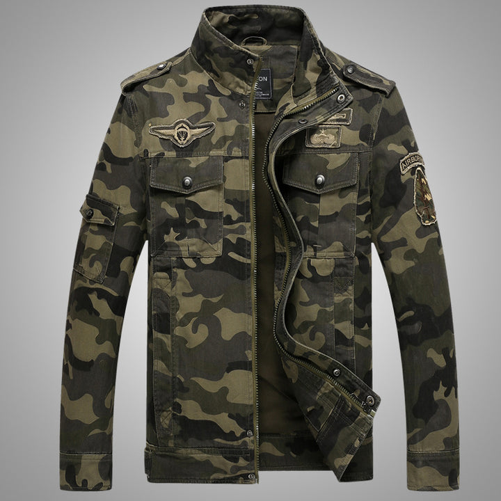 Men's camouflage field jacket made of durable canvas with epaulettes, multiple pockets and stand-up collar Mune Fashion