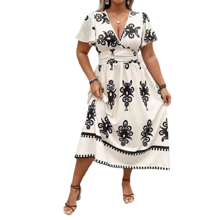 Women's Wrap Midi Dress with Tailored Draping and Decorative Border Print Mune Fashion