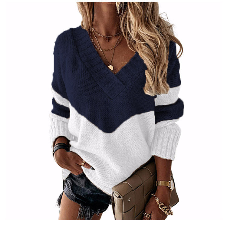 Women’s V-neck knitted pullover with chevron pattern and oversized fit Mune Fashion