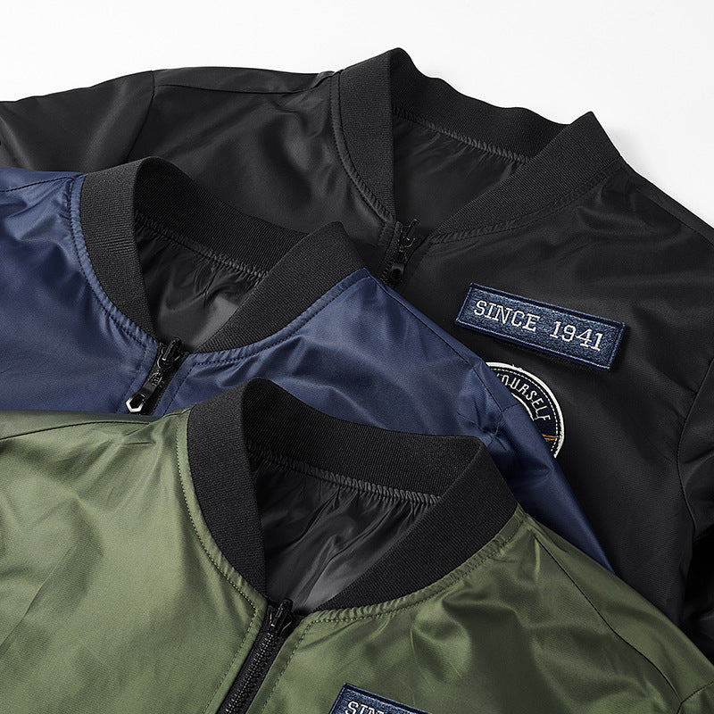 Men's Lightweight Nylon Bomber Jacket in Aviator Style with Patch Details and Arm Pocket Mune Fashion