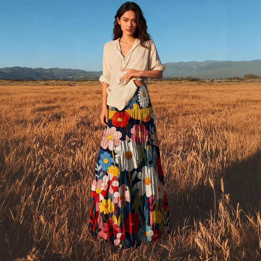Women's maxi skirt with large floral embroidery, pleated ruffle and wide A-line cut Mune Fashion