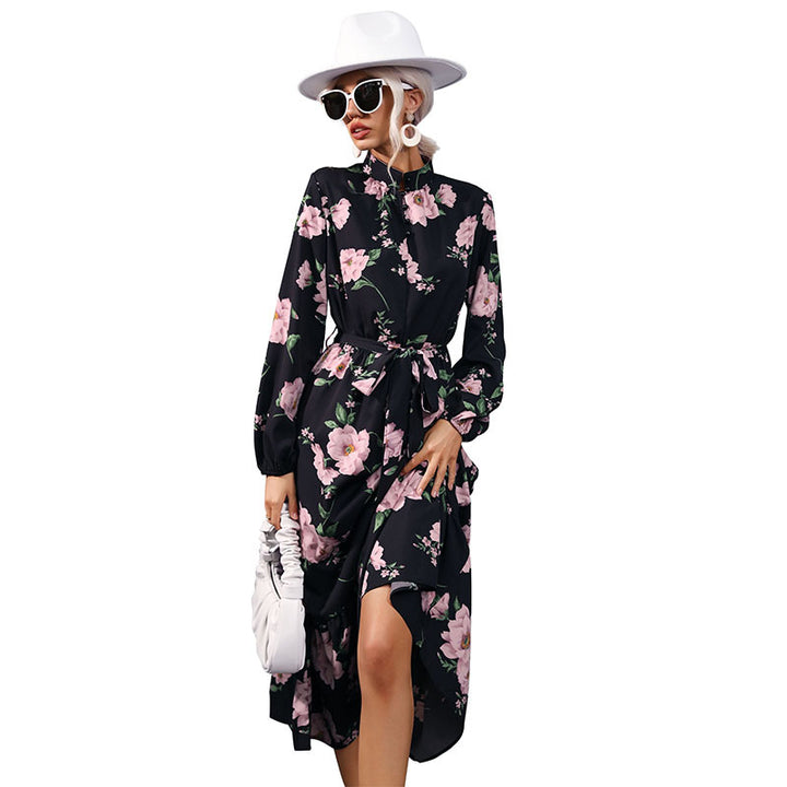 Women Elegant Floral Maxi Dress with Ruffles and Belt Mune Fashion