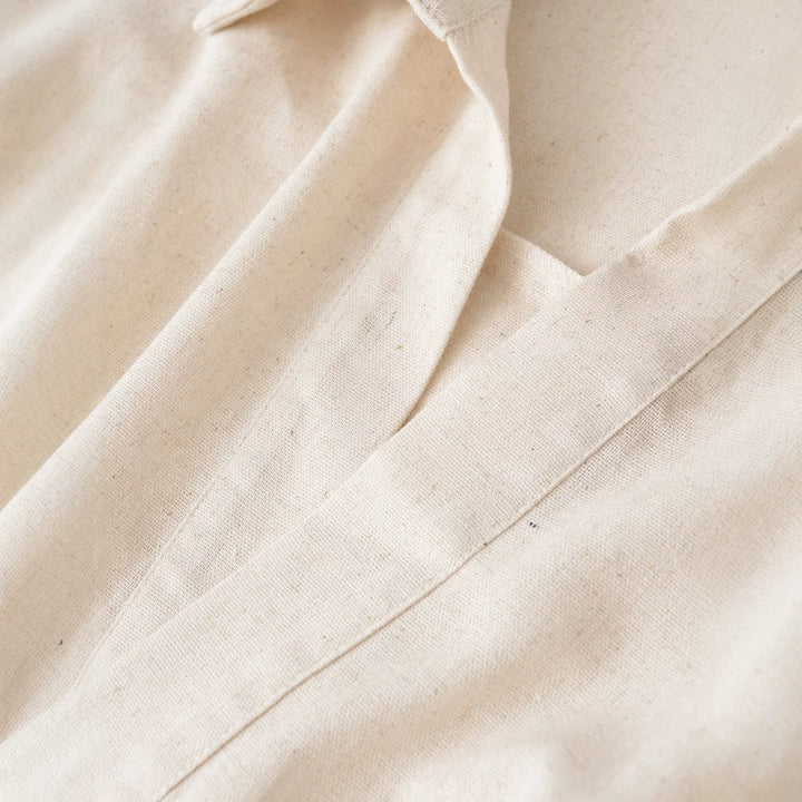 Women's Oversized Linen Blouse with Open V-Neck and Gathered Hem Mune Fashion