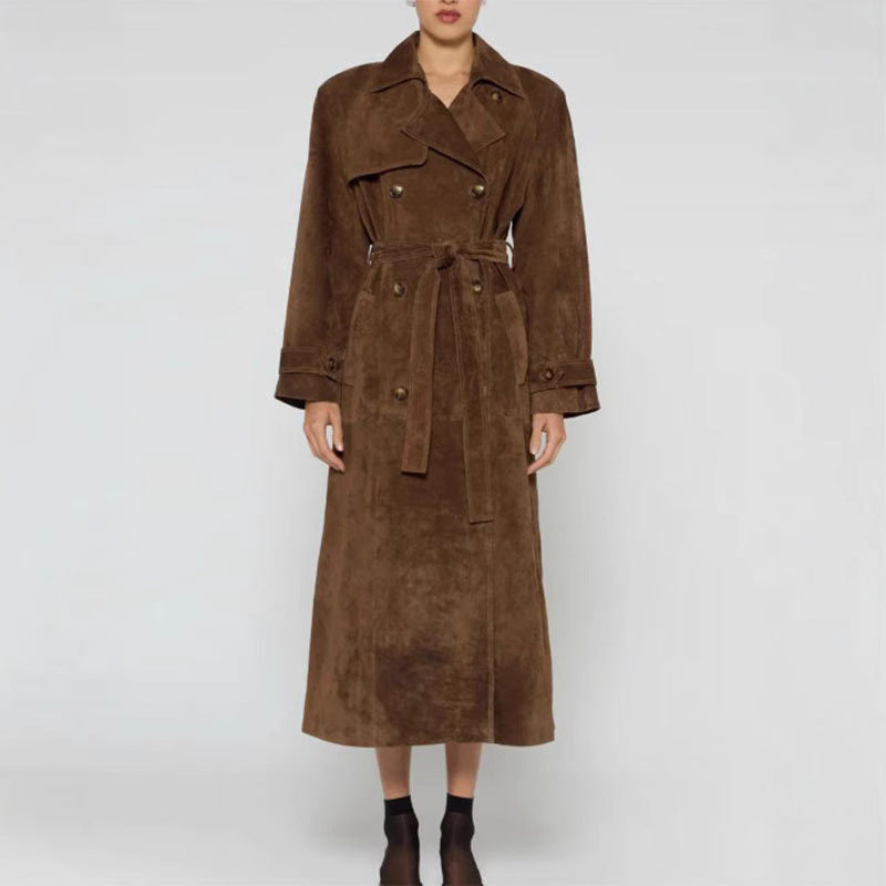 Women's Long Suede Jacket in a Minimalist Trench Look with Soft Lapels Mune Fashion