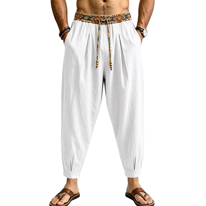 Men's Casual Harem Pants with Patterned Drawstring Waist and Tapered Ankle Cuffs Mune Fashion