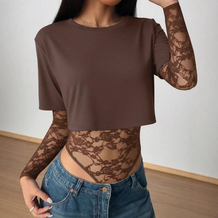 Women’s Short Cut Shirt with Transparent Lace Bodysuit Overlay Mune Fashion