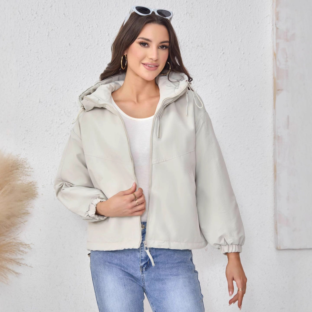 Women Padded Hooded Jacket with Drawstring, Double Front Zipper and Elastic Cuffs Mune Fashion