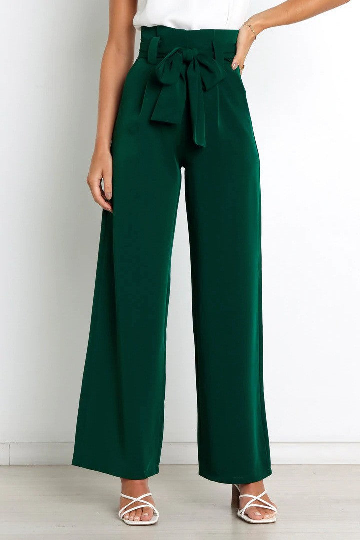 Women's Wide High-Waist Paperbag Pants with Pleats and Tie Belt Drune