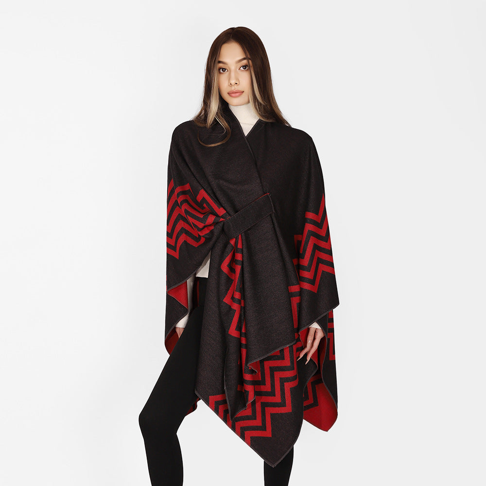 Women's Oversize Rectangle Cape with Jacquard Zigzag Pattern and Ties Belt Mune Fashion