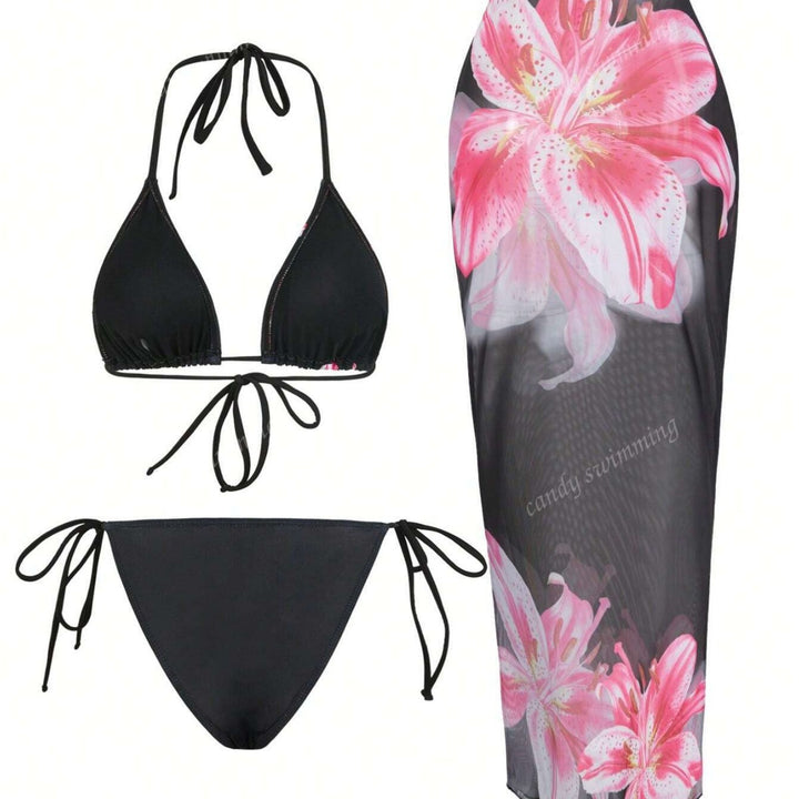 Women's triangle bikini set with floral patterns and transparent maxi skirt Mune Fashion