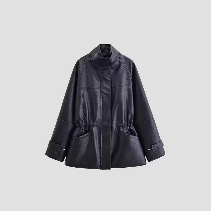 Women's Oversized Jacket in Leather Look with Stand-up Collar and Waist Drawstring Mune Fashion