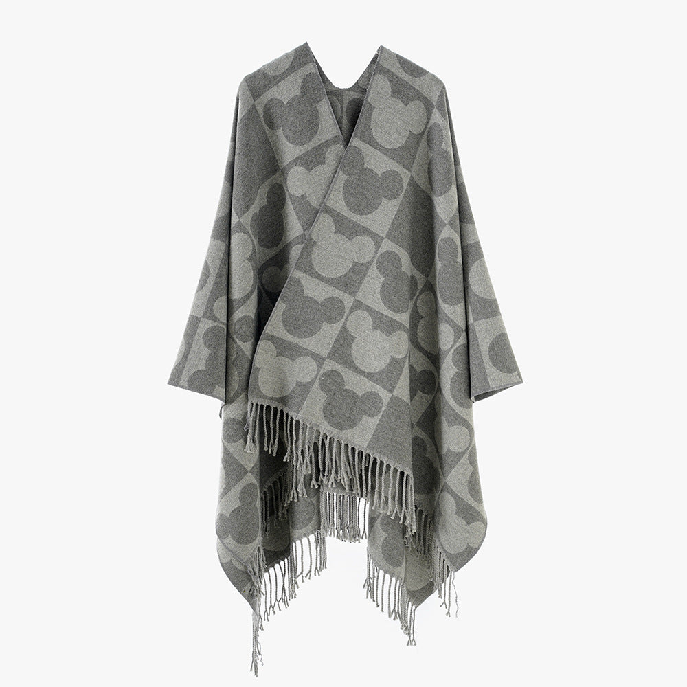 Women Oversize Jacquard Poncho with Graphic Head Silhouette Pattern and Fringes Mune Fashion