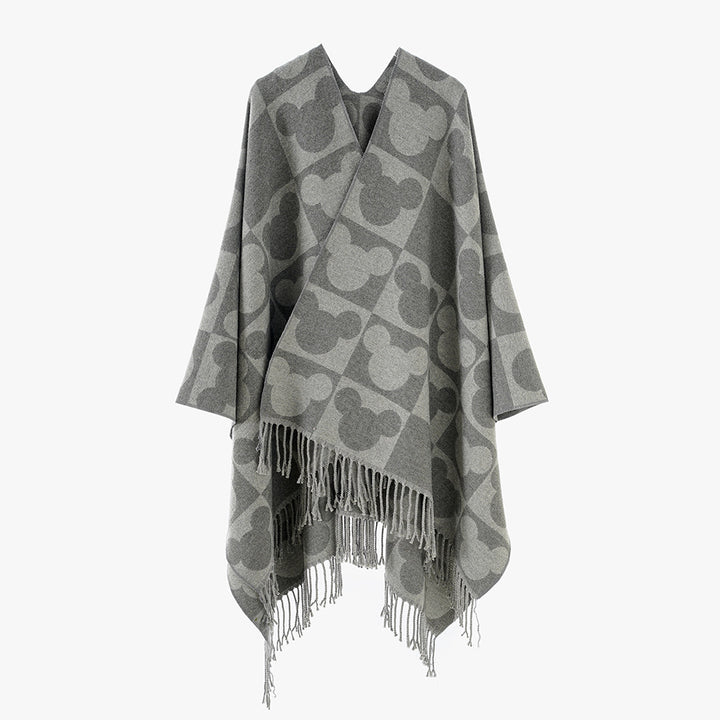 Women Oversize Jacquard Poncho with Graphic Head Silhouette Pattern and Fringes Mune Fashion