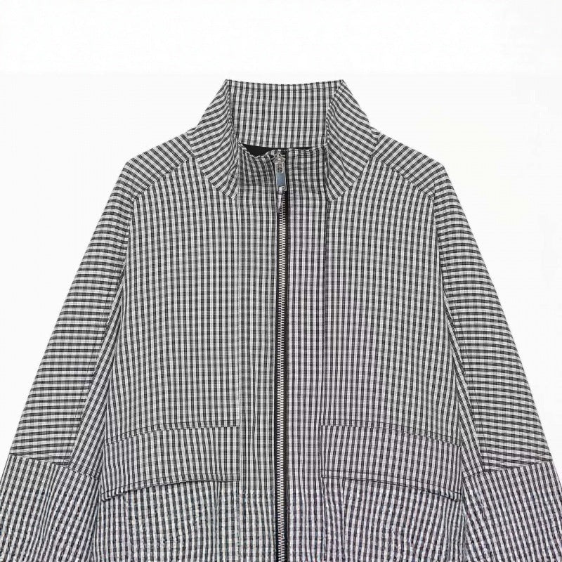 Women Cropped Boxy Jacket in Vichy Check with Stand Collar and Two-Way Zipper Mune Fashion