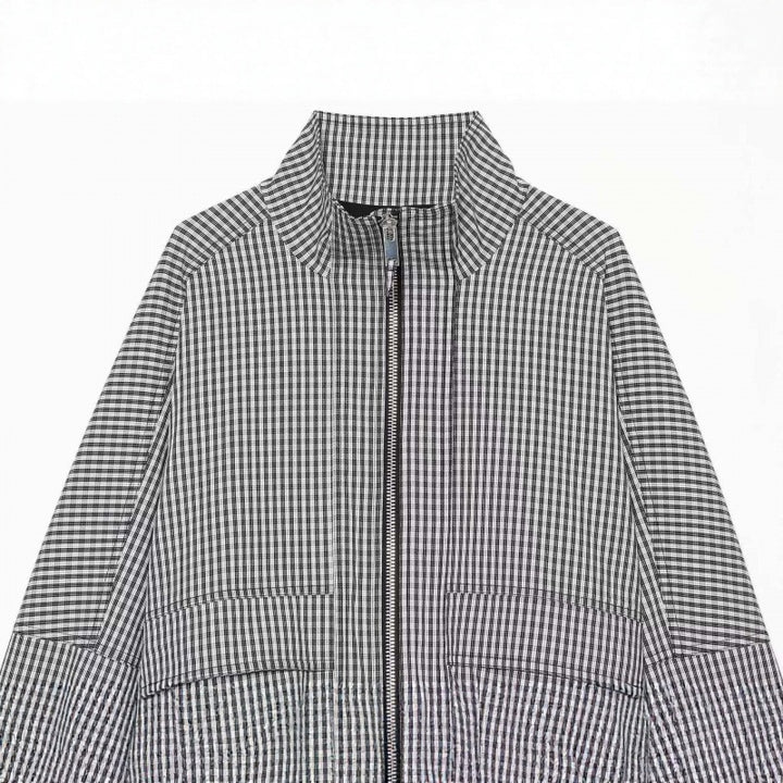 Women Cropped Boxy Jacket in Vichy Check with Stand Collar and Two-Way Zipper Mune Fashion