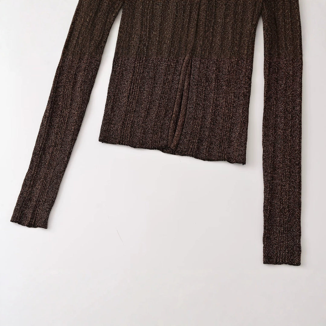 Women's figure-hugging ribbed fine knit cardigan with V-neck, shiny thread and decorative button strip Mune Fashion