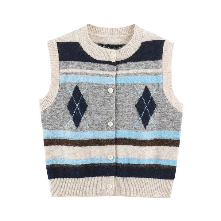 Ladies Sleeveless Argyle Knitted Vest with Continuous Button Placket and Ribbed Hem Mune Fashion