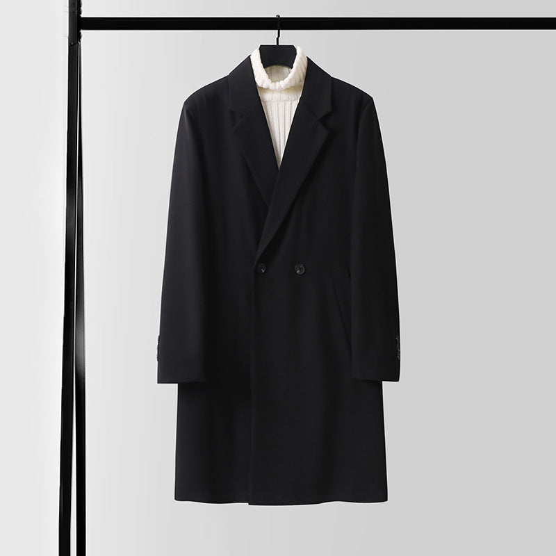 Men's Double-Breasted Wool Blend Coat with Extended Length and Classic Lapels Mune Fashion