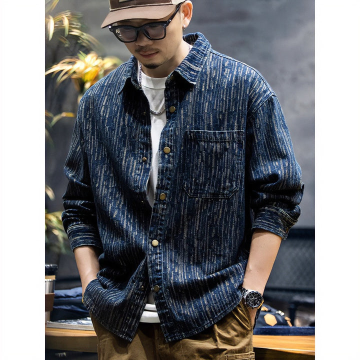 Men's denim overshirt with vertical textured pattern and snap button placket Mune Fashion