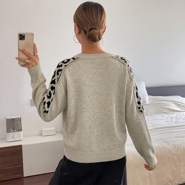 Women's Oversize Knit Sweater with Leo Jacquard Shoulder Inserts Mune Fashion