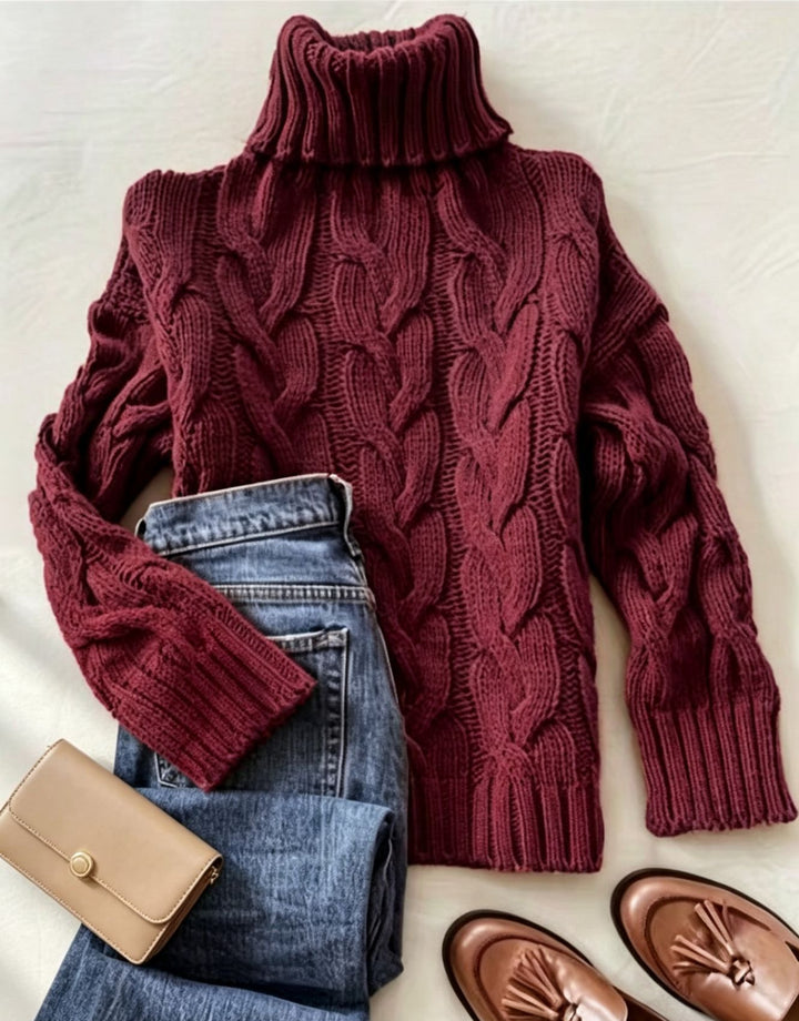 Women's chunky knit turtleneck sweater with distinctive cable patterns and ribbed cuffs Mune Fashion