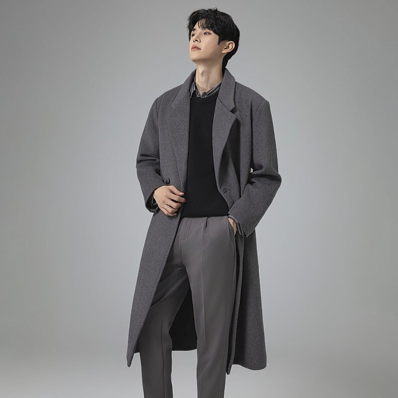 Men's Elegant Long Wool Blend Coat with Downfall Shawl Collar and Clean Single Breasted Mune Fashion