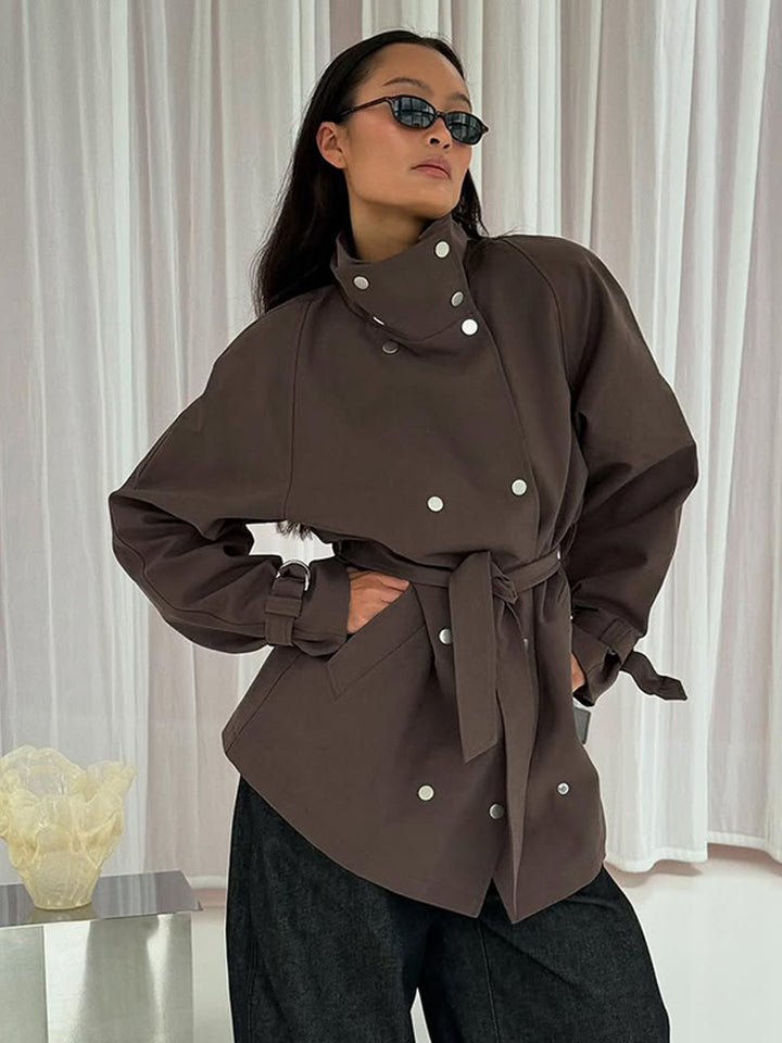 Women's Tailorable Oversized Short Trench Coat with High Stand Collar, Snap Button Front and Belt Mune Fashion