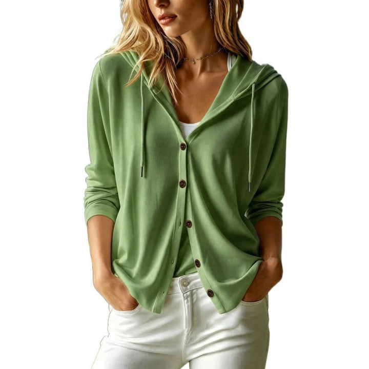 Women Lightweight Hooded Cardigan with Button Placket and Relaxed Fit Mune Fashion
