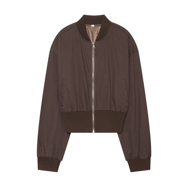 Women's Cropped Canvas Bomber Jacket with Elastic Rib Hem and Oversized Sleeves Mune Fashion