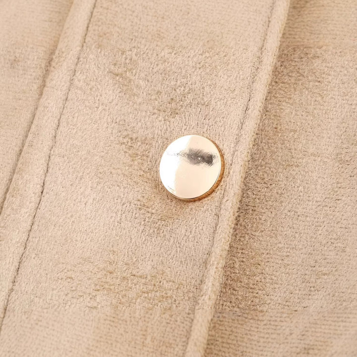 Women Short Suede Look Jacket with Stand Collar and Snap Button Placket Mune Fashion