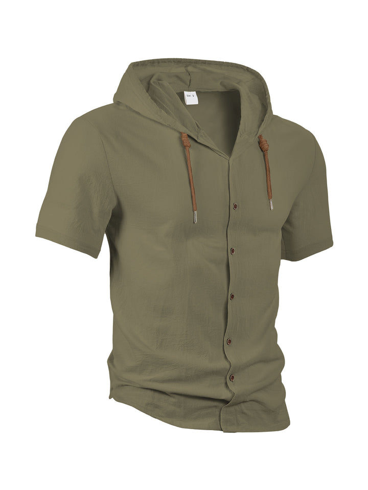 Men's short-sleeved hooded shirt with button placket, drawstring and linen look Mune Fashion