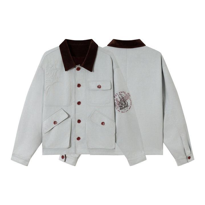 Unisex Boxy Blouson Jacket made of cotton velvet with cord collar, embossed embroidery details and patch pockets Mune Fashion