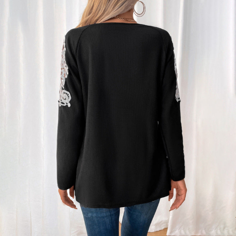 Women's Casual Long Sleeve Tunic Shirt with V-Zipper and Lace Application Mune Fashion