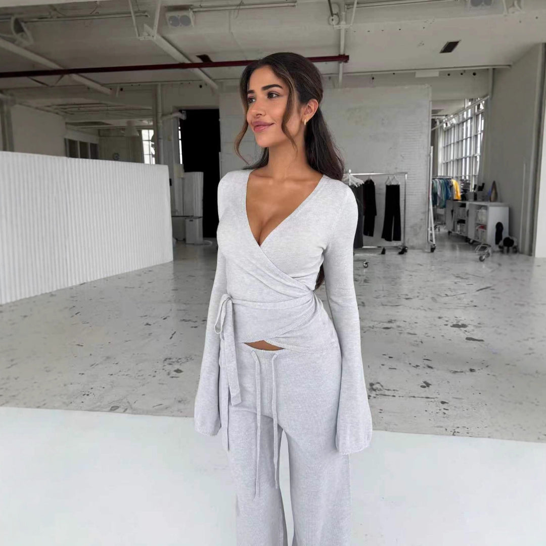 Ladies' fine knit wrap set with deep V-neck, waist tie belt and wide comfort pants Mune Fashion