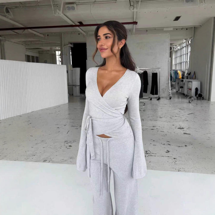 Ladies' fine knit wrap set with deep V-neck, waist tie belt and wide comfort pants Mune Fashion
