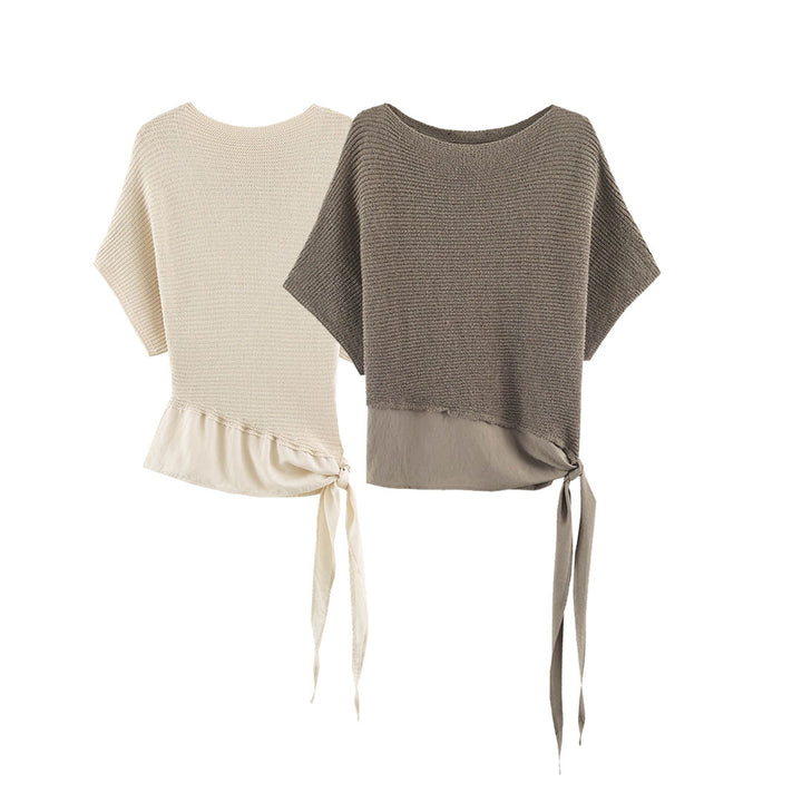 Women's Oversized Fine Knit Poncho with Asymmetrical Hem and Tie Band Mune Fashion