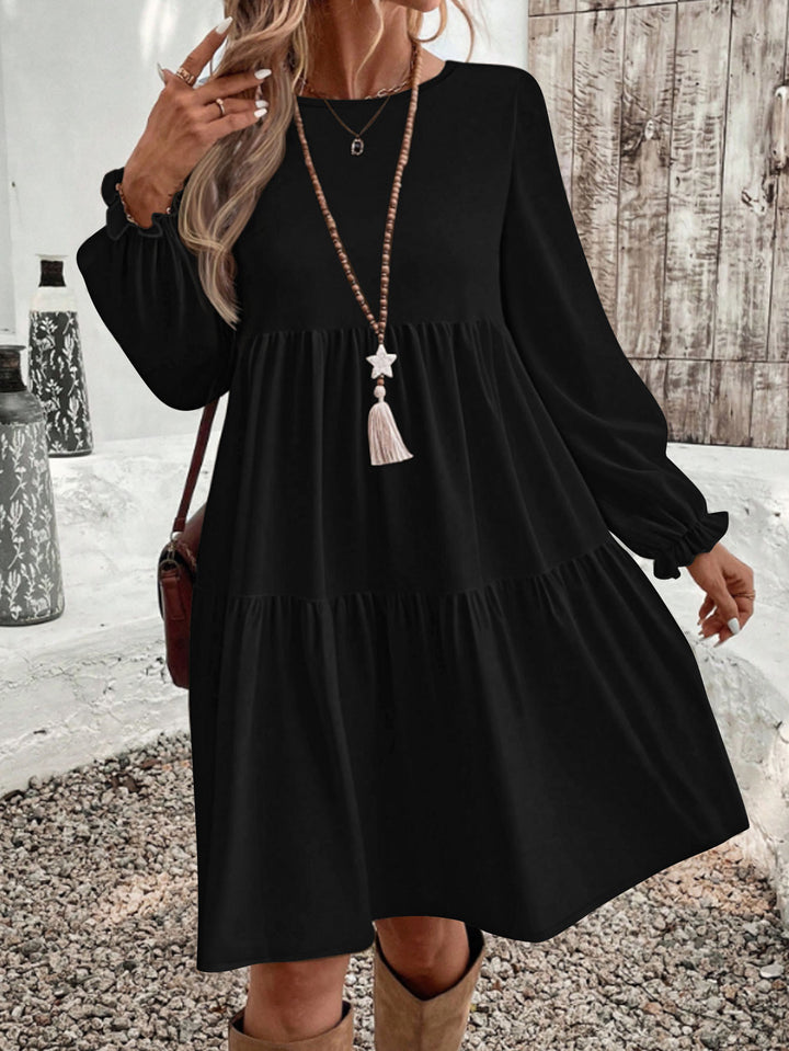 Women Loose Midi Dress in Tiered Look with Gathered Waist Yoke and Ruffle Cuffs Mune Fashion