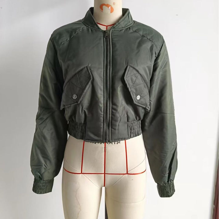 Ladies nan cropped bomber jacket with stand-up collar, padded interior and applied flap pockets Mune Fashion