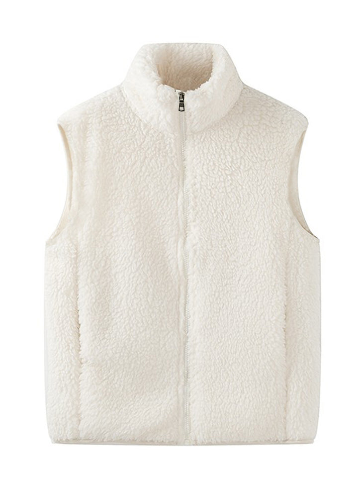 Women's Sleeveless Sherpa Fleece Vest with High Stand-Up Collar and Zipper Mune Fashion