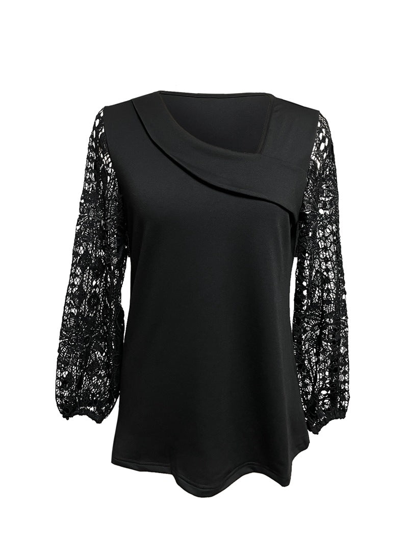 Ladies nan tunic top with asymmetrical waterfall yoke and floral lace balloon sleeves Mune Fashion