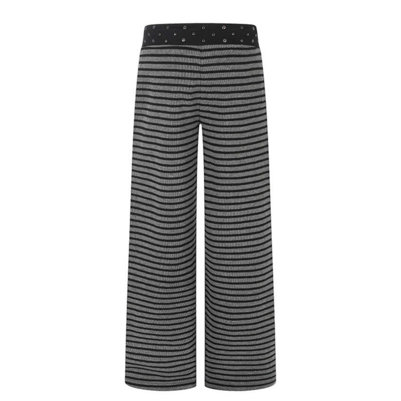 Women's Striped Palazzo Relax Pants with Studded Waistband and Drawstring Mune Fashion