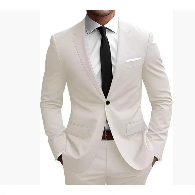 Men's fitted one-button suit set with notched lapels, French flap pockets, and slight stretch content Mune Fashion