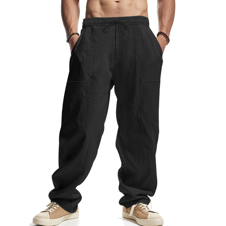 Men's Loose Linen Look Casual Pants with Elastic Waistband and Patch Pockets