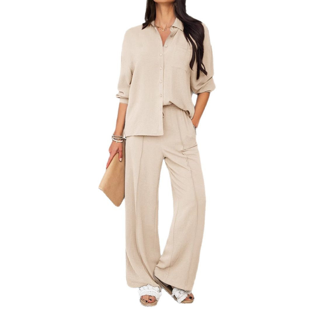 Women’s casual shirt and palazzo set with elastic drawstring waistband, chest pocket, and textured crinkle quality Mune Fashion