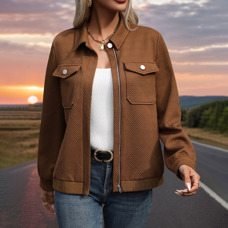 Women's Quilted Transitional Shacket with Flap Pockets, Zipper and Textured Jacquard Fabric