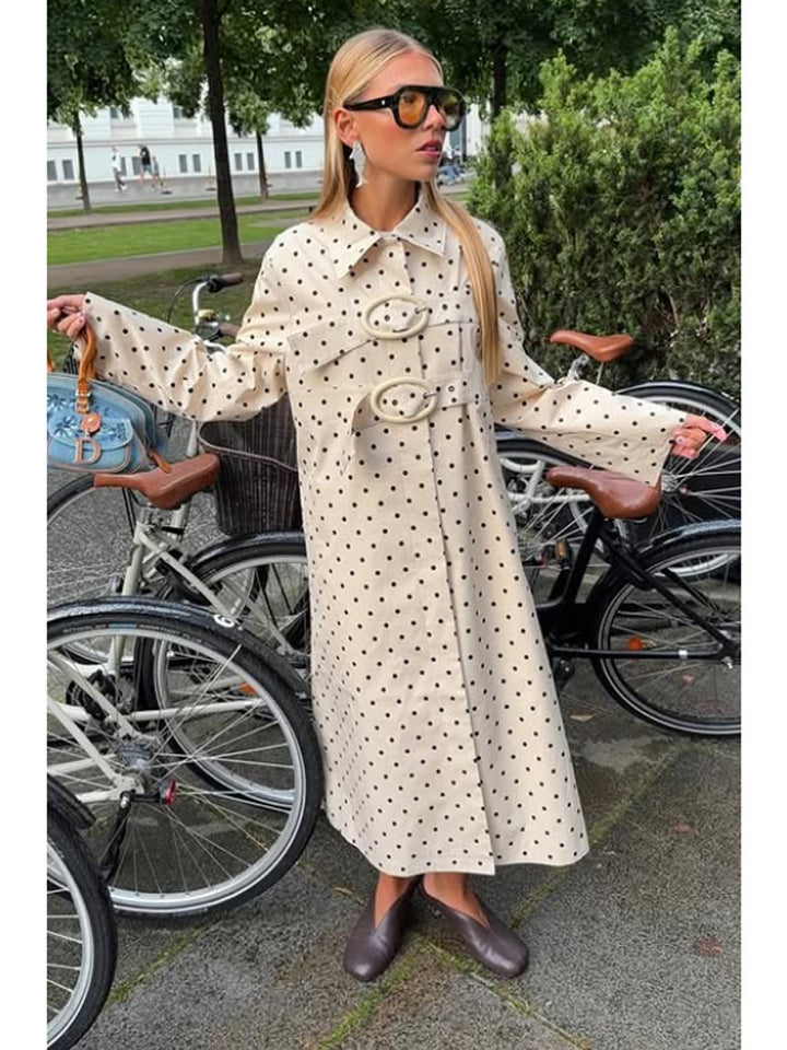 Women's Long Polka Dot Trench Coat with Oversized Lapels and Decorative Eyelets Mune Fashion