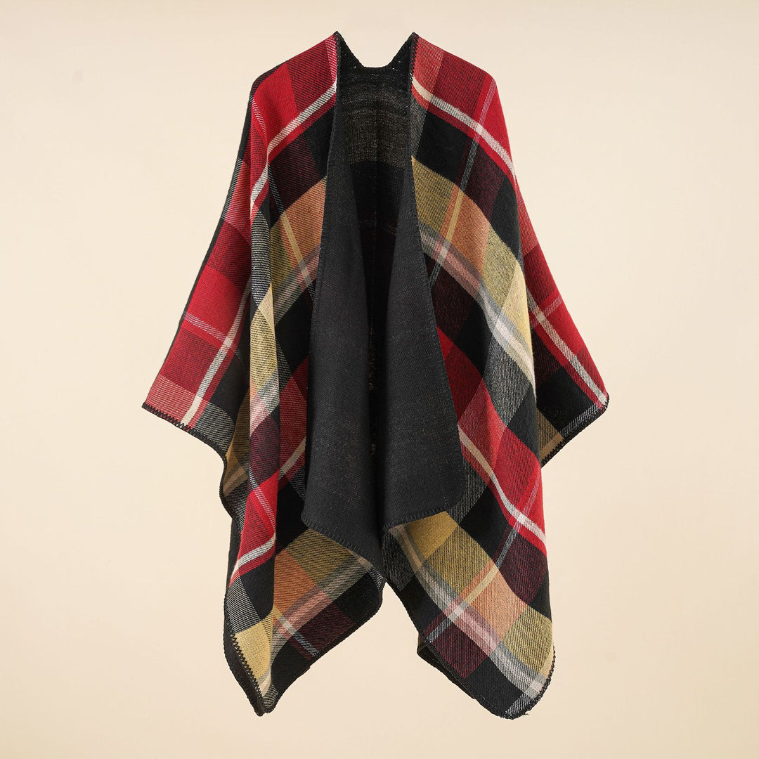 Women's Oversize Rectangle Poncho in Cape Look with Overlock Hem and Check Pattern Mune Fashion
