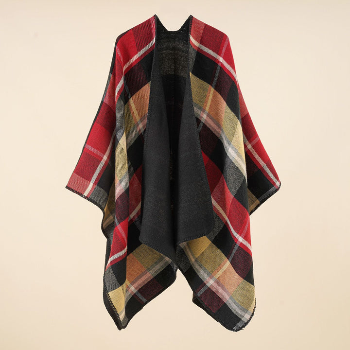 Women's Oversize Rectangle Poncho in Cape Look with Overlock Hem and Check Pattern Mune Fashion