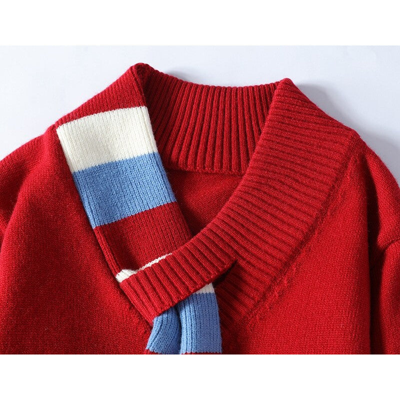Men's V-neck knitted sweater with integrated contrast stripe scarf and ribbed cuffs Mune Fashion